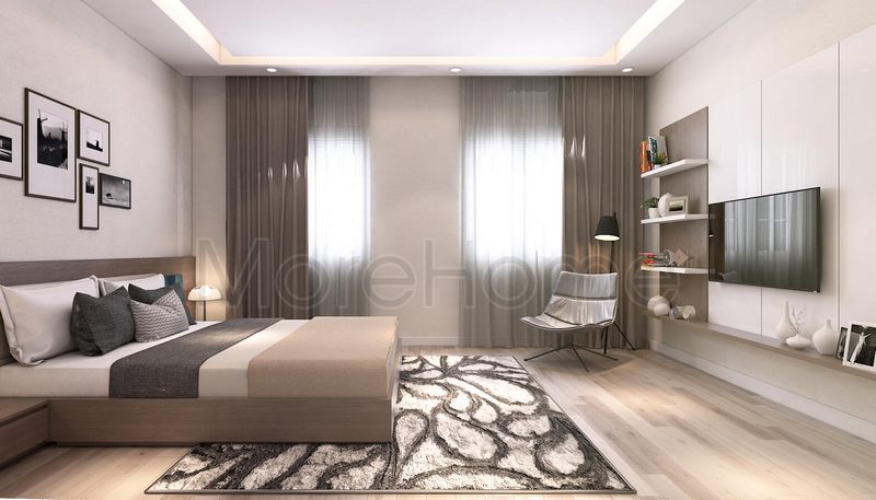 Thay vì tường đơn sắc, thiết kế giấy dán tường vân gỗ dọc nhẹ nhàng được sử dụng để tạo điểm nhấn và tránh sự nhàm chán cho không gian.