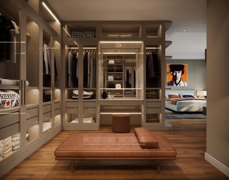 Phòng ngủ liền kề với phòng thay đồ được trang trí theo phong cách hiện đại và sang trọng.